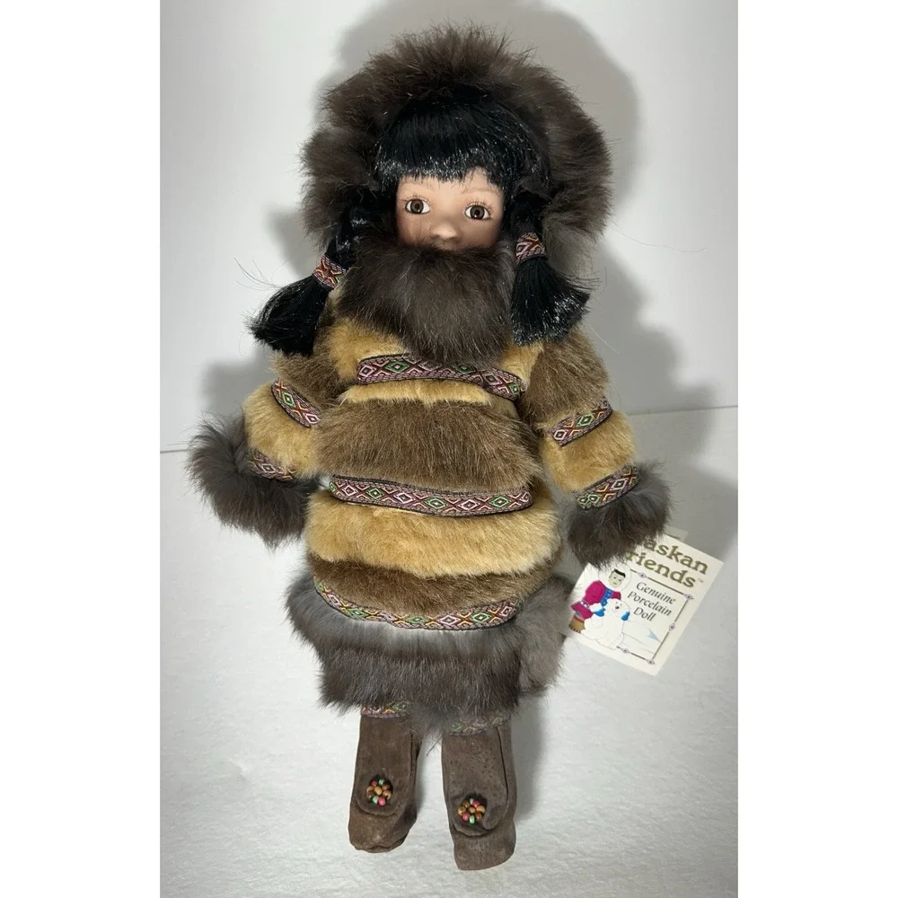 Vintage Alaskan Friends Genuine Porcelain Eskimo Doll Inuit Rabbit Fur NWT